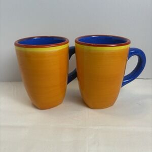 Dansk Caribe Bahama Blue Orange Hand-Painted Mugs, Set of 2 New